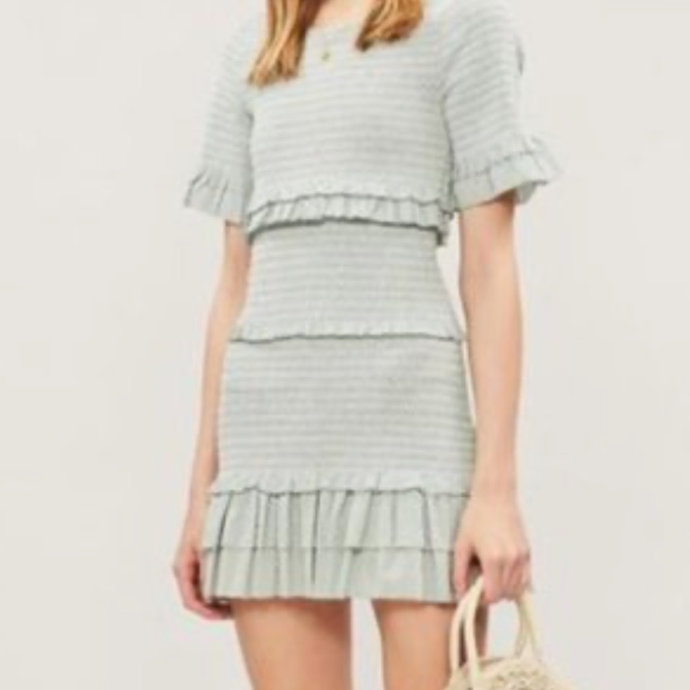 LoveShackFancy Seaglass Green Aveline Smocked Tiered Ruffle Mini Cocktail Dress